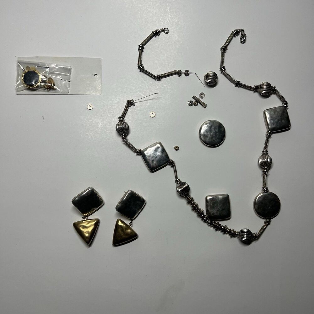 Vintage Modernist Silver Tone Geometric Necklace Earring Set Repair Craft LOT